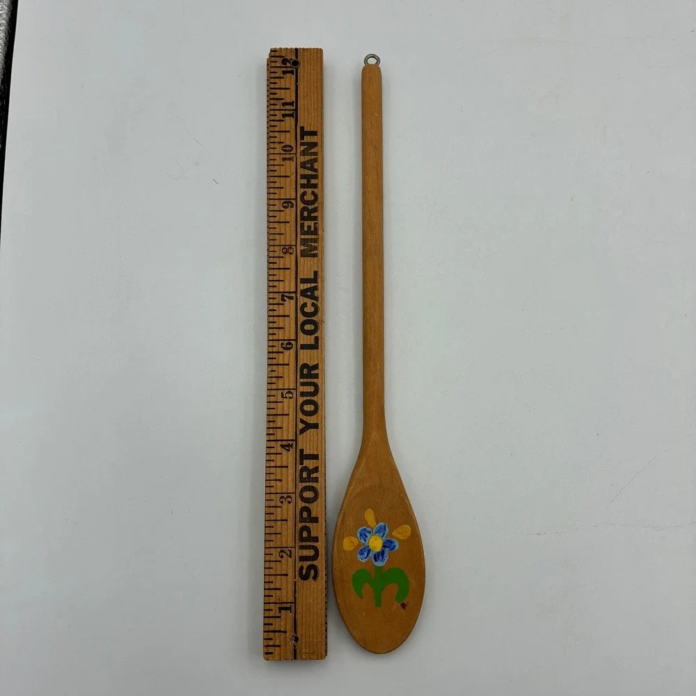 Vintage 1976 Hand Painted Wooden Spoon Spatula Set Folk Art Floral 3pc Decor